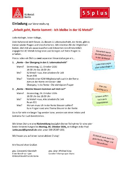 Einladung zur Informationsveranstaltung zum Renteneintritt